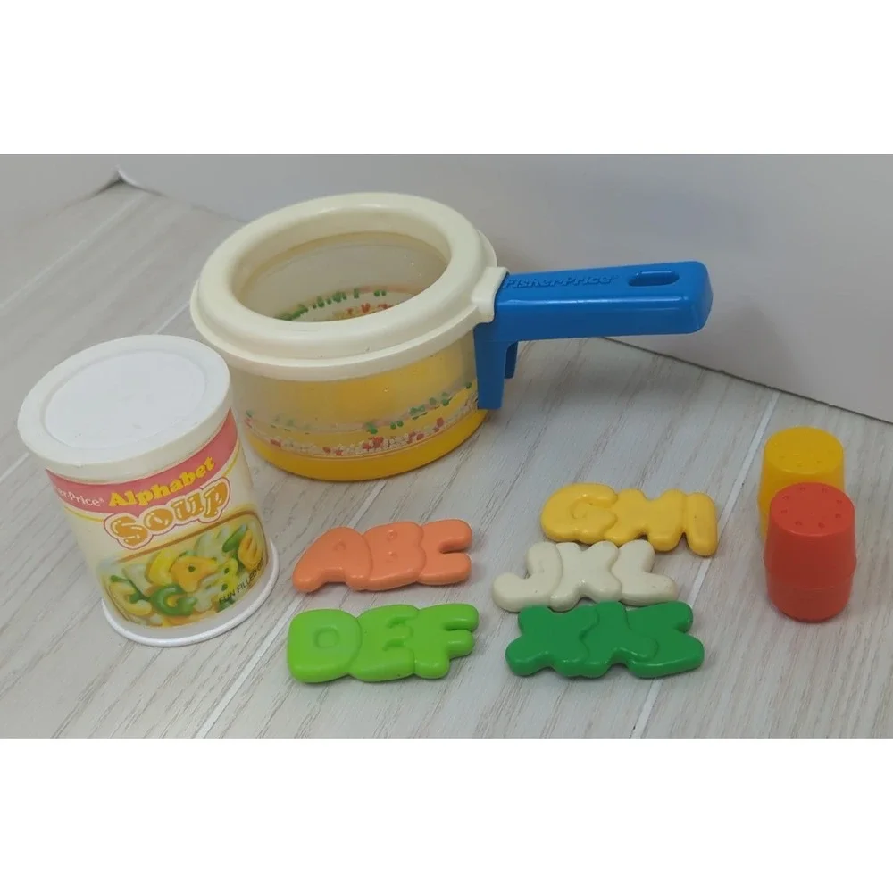 Fisher Vintage Price Fun With Food alphabet soup pot set salt pepper READ USED